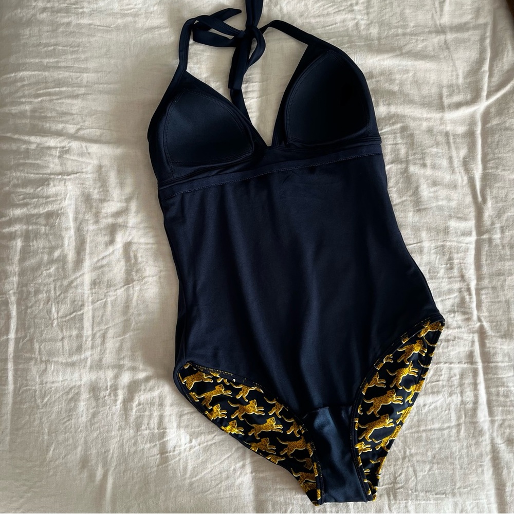Boden• Retro Navy & Gold Cheetah Print🐆 Halter tie One Piece Bathing Suit• Sz 8 - Picture 5 of 10